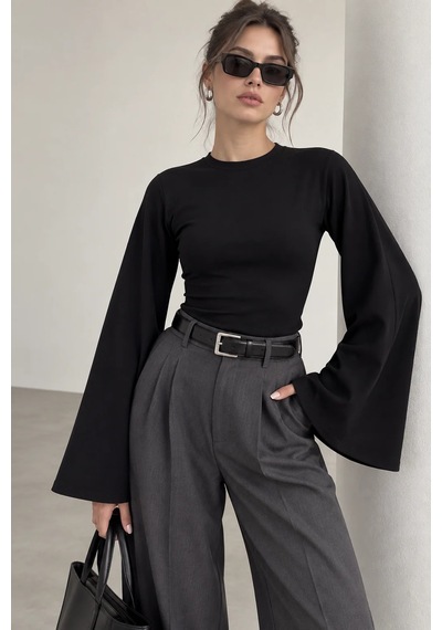 Bb Butik Basic Kadın İspanyol Kol Fit Bluz Zg3535 siyah
