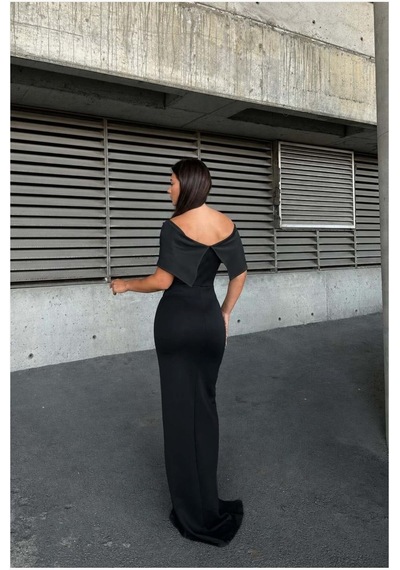 DefyModa Kadın Özel Tasarım Dik Yaka Taş Detaylı Maxi Abiye Elbise Siyah
