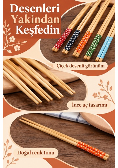 Mucit Home 1 Çift Bambu Chopstick Desenli Yıkanabilir Çin Suşi Ramen Noodle Yemek Çubuğu Ahşap