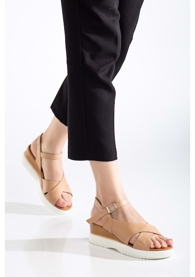 Analin Shoes Kadın Hakiki Deri Bilekten Bağlı Yüksek Taban Sandalet Nude