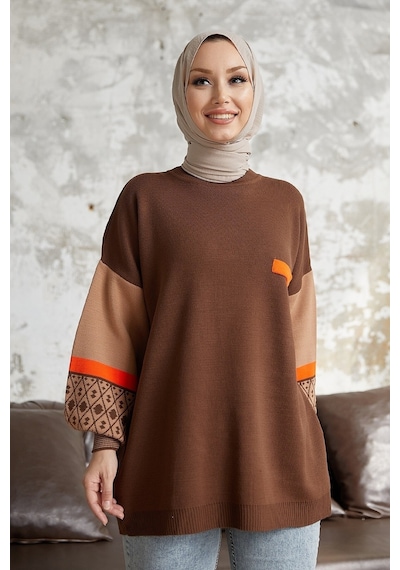 Enmodastyle Kolu Etnik Desen Triko Kazak Tunik Kahverengi