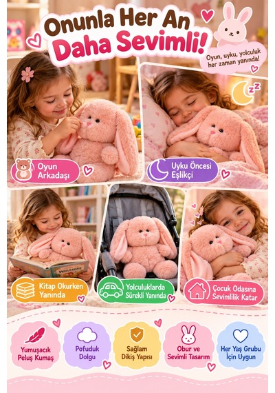 Pembe Obur Tavşan Peluş Oyuncak 26 Cm Yumuşak Welsoft Kumaşlı Sevimli Tombul Tavşan Uyku Arkadaşı