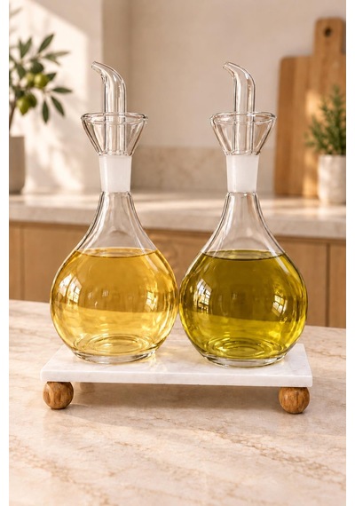 3 Parça Modern Mermer Stadnlı Cam Yağdanlık Takımı - 2 Li Cam Yağlık Sirkelik Seti 2 X 900 Ml Şeffaf