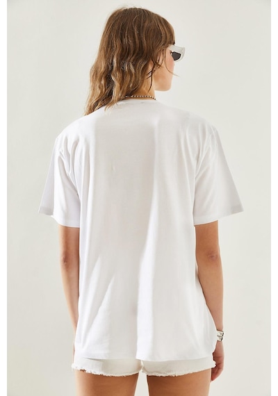 Shade Kadın Bisiklet Yaka Taş Detaylı Basic Penye T-shirt 60251238 - Beyaz