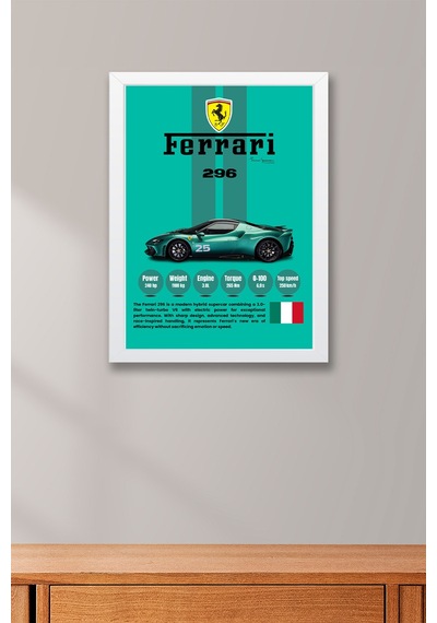 Ferrari 296 Premium Hibrit Süper Araba Tablosu - Teknik Özellikli İtalyan Otomobil Duvar Dekoru Beyaz