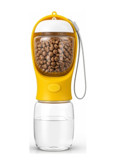 Taşınabilir Köpek Ve Kedi Su Ve Mama Kabı, Seyahat Ve Yürüyüş İçin 2 Bölmeli Evcil Hayvan Su Şişesi Ve Mama Haznesi, 350 Ml, Sarı