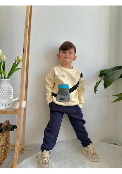 Jolly Kids Erkek Çocuk Çanta Baskılı Sweatshirt Takım Krem