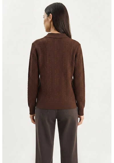 Shade Kadın Polo Yaka Patlı Regular Fit Triko Kazak 20258063 - Kahverengi