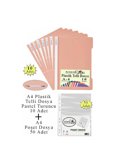 Telli Dosya Plastik A4 10 Lu Ve Poşet Dosya 50 Li 1 Paket Ekonomik Kaliteli Şeffaf Kapak Telli Dosya Okul Büro Ofis Turuncu - Siyah