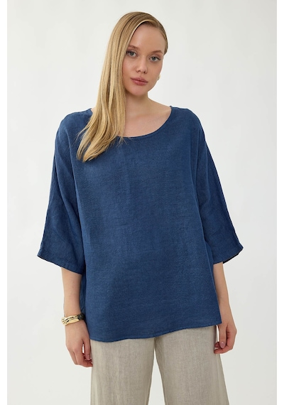 Vitrin %100 Keten Geniş Yaka Oversize Kısa Kol Bluz Lacivert