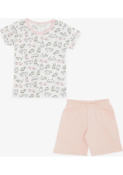 Breeze Kız Bebek Şortlu Pijama Takımı Kedicik Desenli 9 Ay-3 Yaş, Beyaz-beyaz Beyaz