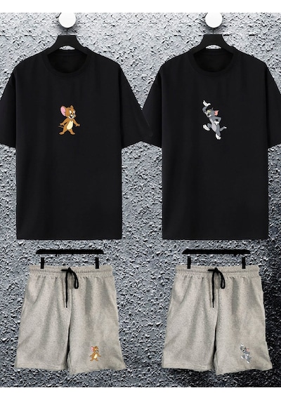 Unisex Kadın Erkek Sevimli Tom Ve Jerry Baskılı Sevgili Çift Kombini Tasarım Oversize Tshirt Ve Şort Siyah-gri Mck2457 Siyah-Gri