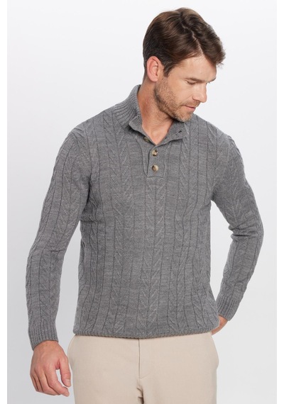 Tudors Erkek Slim Fit Dar Kesim Yumuşak Dokulu Desenli Dik Yaka Düğmeli Triko Gri Kazak-29887 Gri