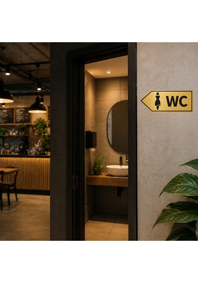 Wc Yön Tabelası Metal Levha 20x10 Cm Gold Renk Tuvalet Yönlendirme Levhası Sol Ok Bayan
