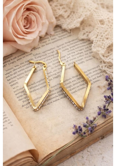 316l Çelik Taşlı Küpe Kararmaz Gold Renk Geometrik Sallantılı Küpe Sarı