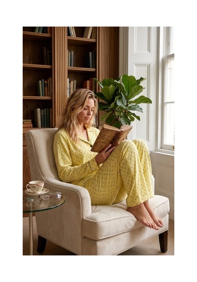 Fit Women Kadın Puantiyeli Uzun Kollu Düğmeli Sarı Pijama Takımı