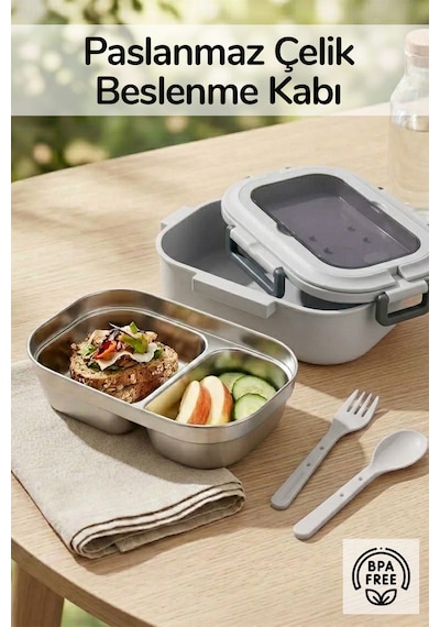 2 Bölmeli Kaşık Çatallı Paslanmaz Çelik Yemek Kabı Lunch Box Sefer Tası Beslenme Kabı Gri