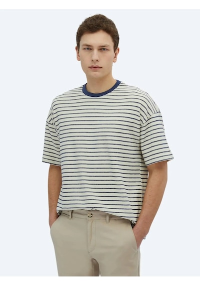 Kip Ekru Çizgili Bisiklet Yaka %100 Pamuk T-shirt Ekru