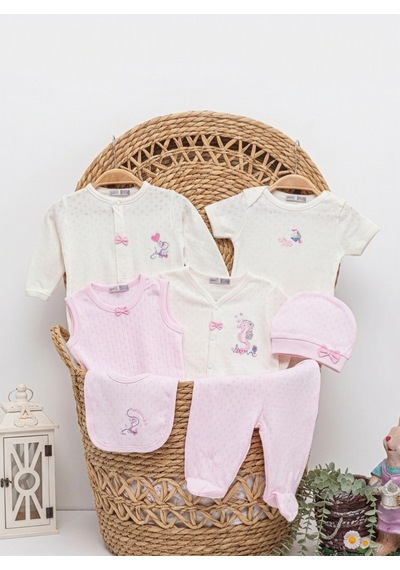 İmaj Bebe İmajbebe Kız Bebek Pembe Deniz Atı Nakışlı 8'li Hastane Çıkış Seti Pembe - Beyaz