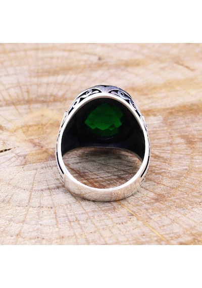925 Ayar Gümüş Yeşil Zirkon Taşlı Çapalı Oval Erkek Yüzük