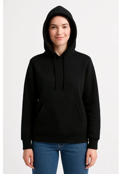 Üç İplik Kapüşonlu Kanguru Çepli Sweatshirt Hoodie - Siyah