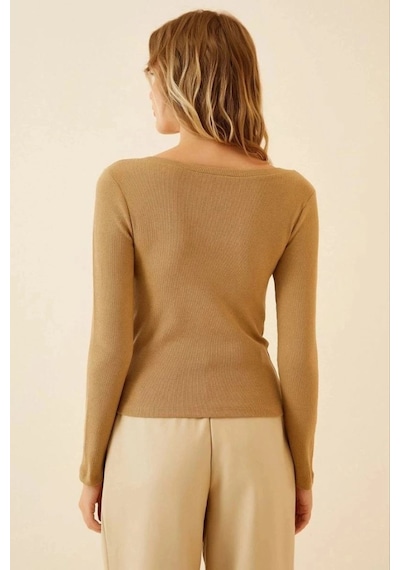Freedom Storee Kadın Fitilli Likralı Body Crop - Camel Çok Renkli