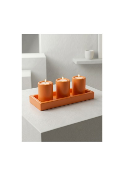 Premium - Canlı Turuncu Renk - Dörtlü Mumluk Seti - Ebatlar: Tepsi 25x10cm / Mumluklar 8x5cm