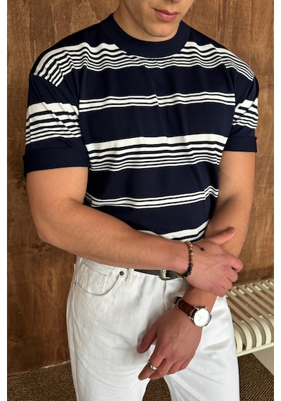 Erkek Bisiklet Yaka Oversize Çizgili Triko T-shirt Lacivert