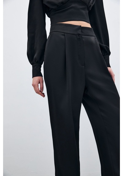 Sateen Pileli Saten Krep Pantolon - Siyah-135692 Siyah