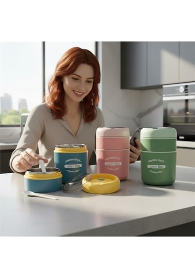 Deconox Çelik Yemek Termosu 2 Katlı Kaşıklı - 304 Paslanmaz Çelik Beslenme Kutusu Sıcak/soğuk Tutma Özellikli Vakumlu Öğle Yemeği Seferi Tası 710 Ml, Çap: 10 Cm, Yük: 15.5 Cm Mavi-sarı