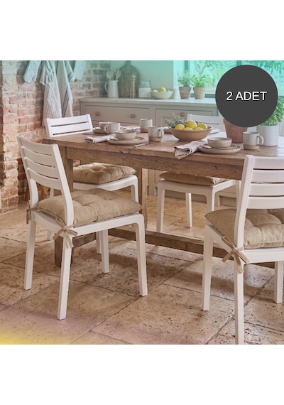 2'li Set 45x45 Cm Bej Bağcıklı Sandalye Minderi - Pamuk Polyester Kumaş Kırpıntı Süngerli Bahçe Ve Mutfak Sandalye Minderi