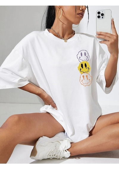 Emoji T-shirt - Beyaz Baskılı Oversize Bisiklet Yaka Kısa Kol Beyaz