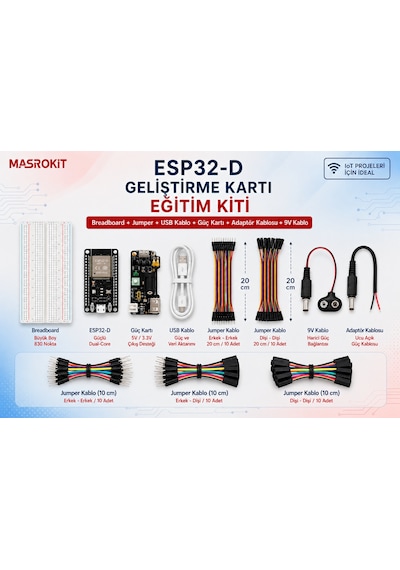 Masrokit Esp-32d Wi-fi + Bluetooth + Güç Modüllü Eğitim Kiti (Breadboard + Jumper)