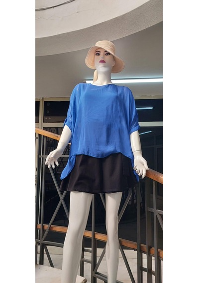 Bohem Stil İtalyan Yarasa Kollu İpek Bluz Saks Mavi