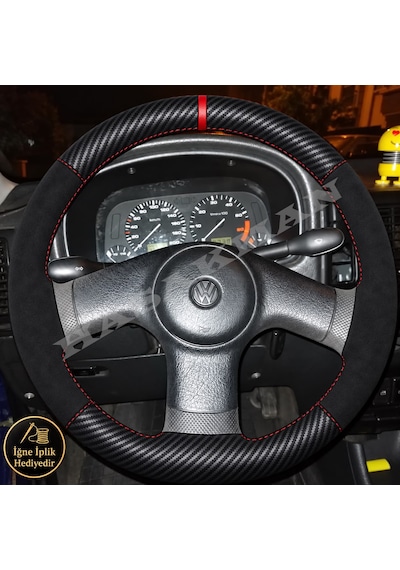 Volkswagen Caddy Mk2 Dikme Direksiyon Kılıfı Alcantara Süet Mat Karbon Kırmızı Yüzük Ve Dikiş Erken Dönem-3 Kollu-tuşsuz 1996-2000