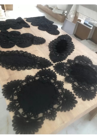 Salon Takımı Çeyizlik Siyah Runner Set 7 Parça Kadife Ranır Masa Konsol Sehpa Örtüsü Palmiye