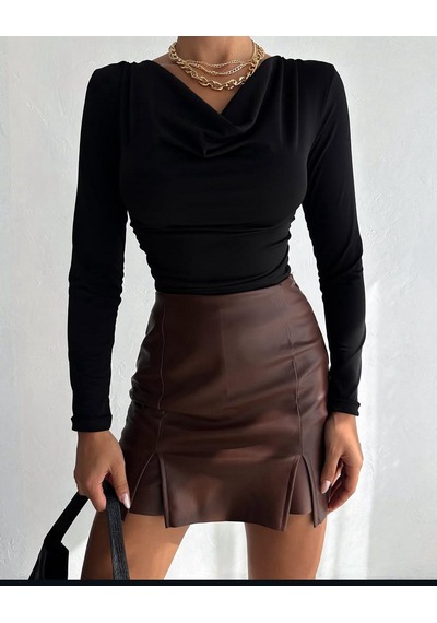 Esa35takı Degaje Yaka Drapeli Uzun Kollu Slim Fit Bluz Siyah