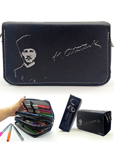 Kalem Kutusu Siyah Atatürk Mustafa Kemal Atatürk Desenli Kawai Organizer Kalemkutu Vegan Deri Üç Bölmeli Kalemlik Siyah Kalem Kutusu Siyah Atatürk Mustafa Kemal Atatürk Desenli Kawai Organizer Kalemkutu Vegan Deri Üç Bölmeli Kalemlik Siyah