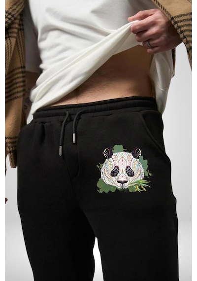 Angemiel Panda Mandala Pamuklu 3 İplik Siyah Eşofman Altı Erkek Oversize Kesim Dijital Baskılı Siyah