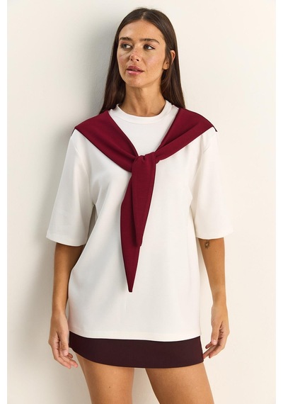 Shade Kadın Şal Detaylı Oversize Basic T-shirt 1094 60286118 - Beyaz-bordo Çok Renkli