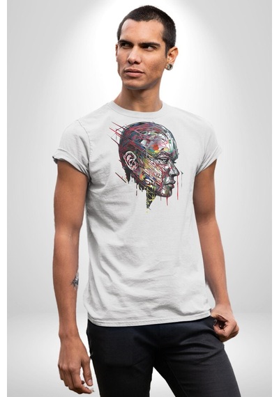 İnsan Kafası Sulu Boya Unisex Unisex Beyaz Organik Baskılı T-shirt Penye Yüksek Kalite Beyaz