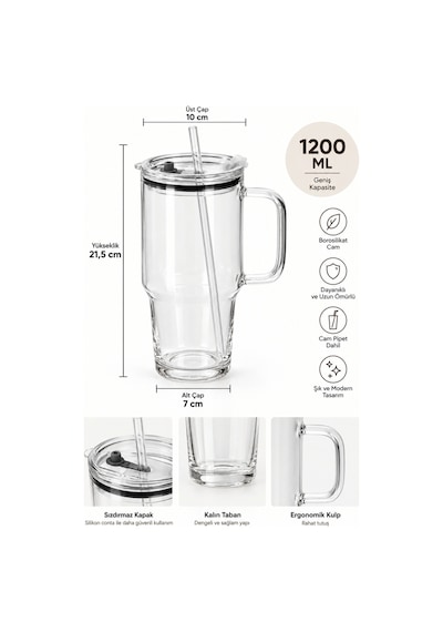 1200 Ml Borosilikat Cam Termos Cam Pipetli Kapaklı Kulplu Soğuk İçecek Bardağı Şeffaf