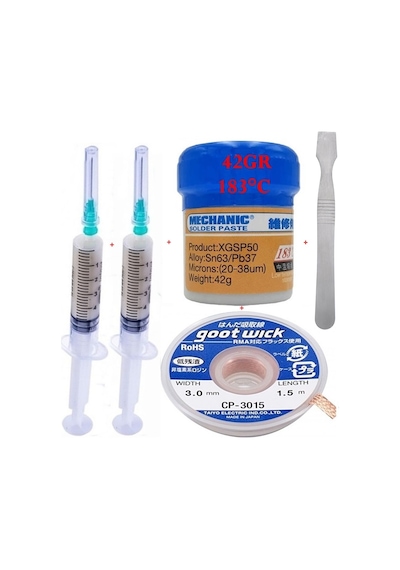 Mechanic Krem Lehim Solder Paste 183 C 42g Lehim Toplama Cp-3015 Emme Teli 3,0mm Ve Metal Spatula Seti St01