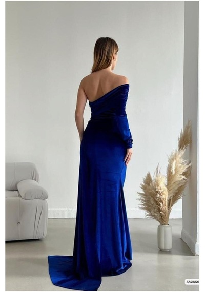 DefyModa Kadın Vintage Tek Omuz Kuyruklu Balık Kesim Abiye Elbise Lacivert