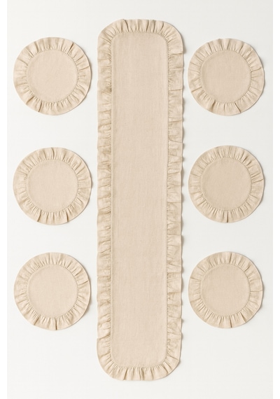 Fırfırlı Runner Ve Supla Takımı - Masa Örtüsü Takımı 7 Parça 145x40 Bej