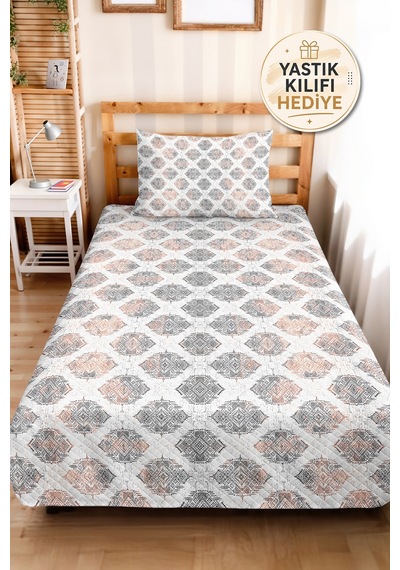 Geometrik Gri Genç Odası Tek Kişilik Pike Takımı - Modern Kiremit 160x220 Cm Kapitone Yatak Örtüsü Gri
