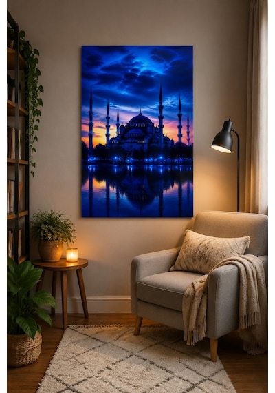 Sultanahmet Camii Baskılı Cam Tablo Mavi Akşam Uv Baskı Duvar Dekoru