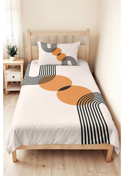 Geometrik Modern Turuncu Genç Odası Tek Kişilik Pike Takımı - Siyah 160x220 Cm Kapitone Yatak Örtüsü Keten Eşik Örtüsü
