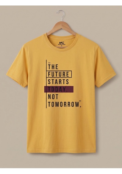Maccali Erkek Sarı The Future Starts Today Baskılı Bisiklet Yaka Bol Kesim Tişört