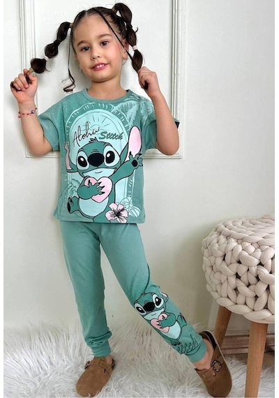 Kız Çocuk Stitchh Desenli Kısa Kollu Tshırt Eşofman 2'li Takım-989 Yeşil Kız Çocuk Stitchh Desenli Kısa Kollu Tshırt Eşofman 2'li Takım-989 Yeşil